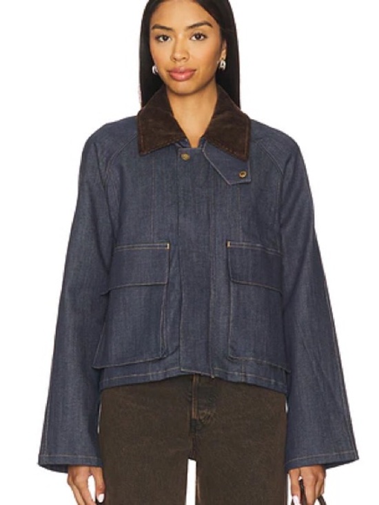 Steve Madden Jackets & Blazers - Steve Madden Bloomingdale’s Justina Dark Blue Denim Jacket Brown Collar